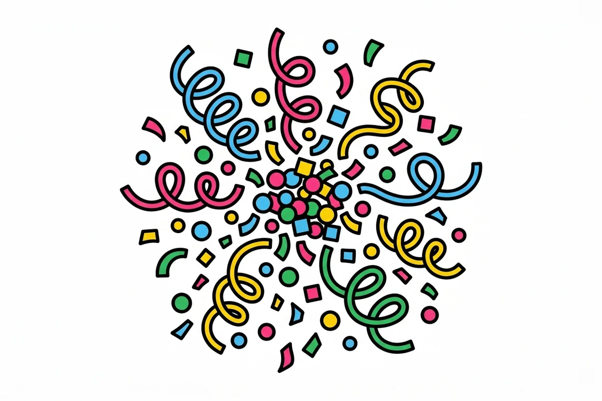 Coloured confetti falling across the page